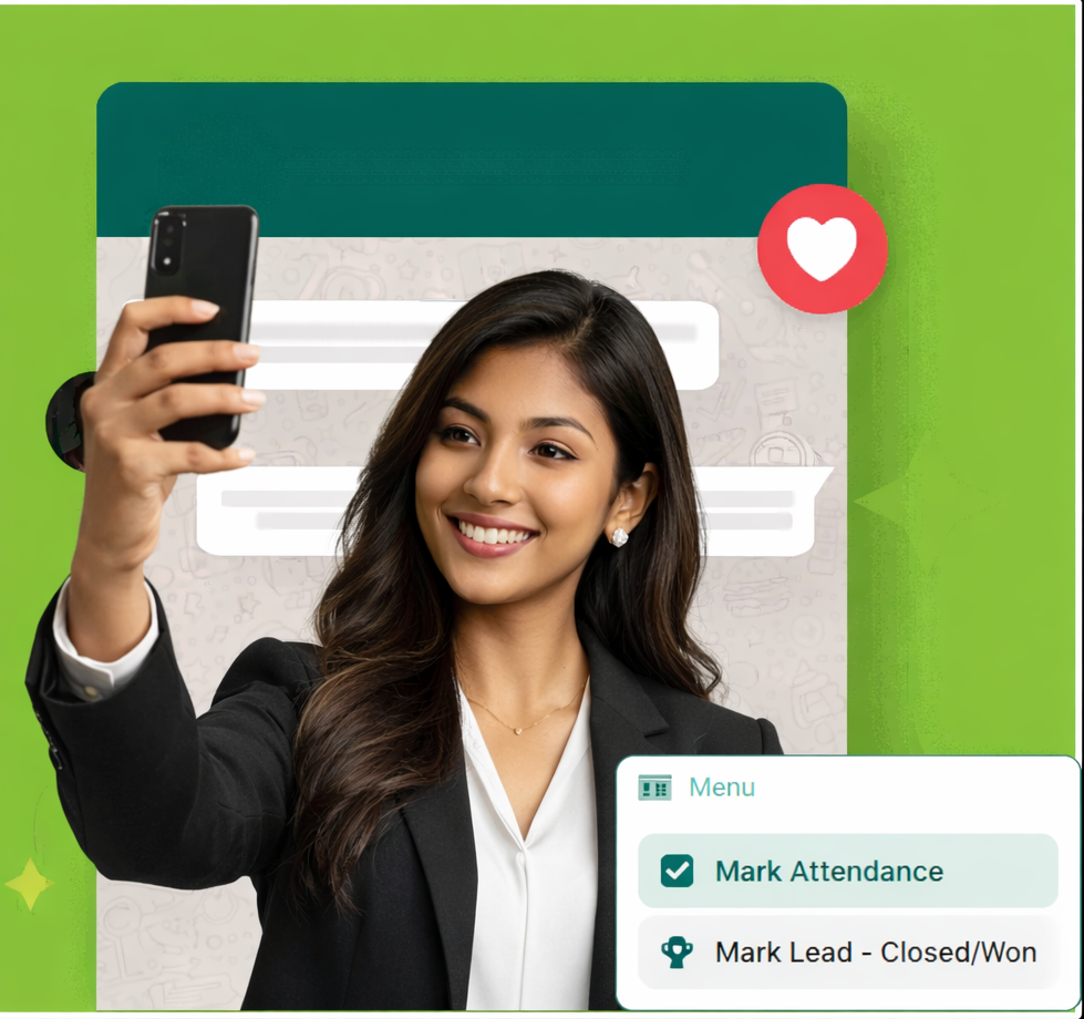 Woman using WhatsApp CRM to manage leads and mark attendance